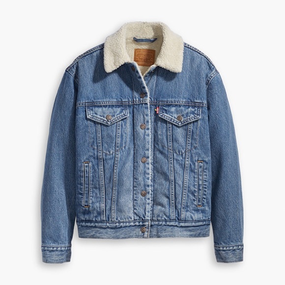 Levi’s Premium Ex-Boyfriend Sherpa Trucker Jacket Medium Wash - Picture 3 of 4